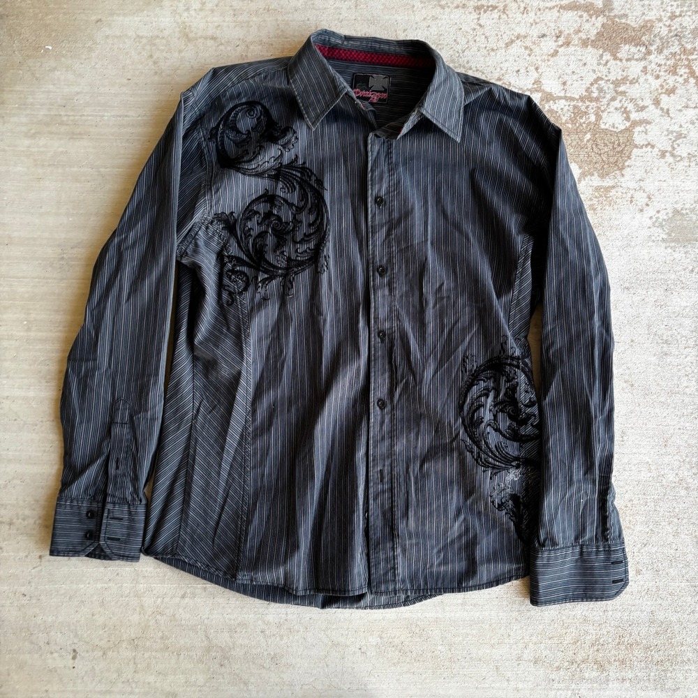 Point Zero Mens Button Up Shirt Sz L Y2K Black Grunge Skater Rave Archive